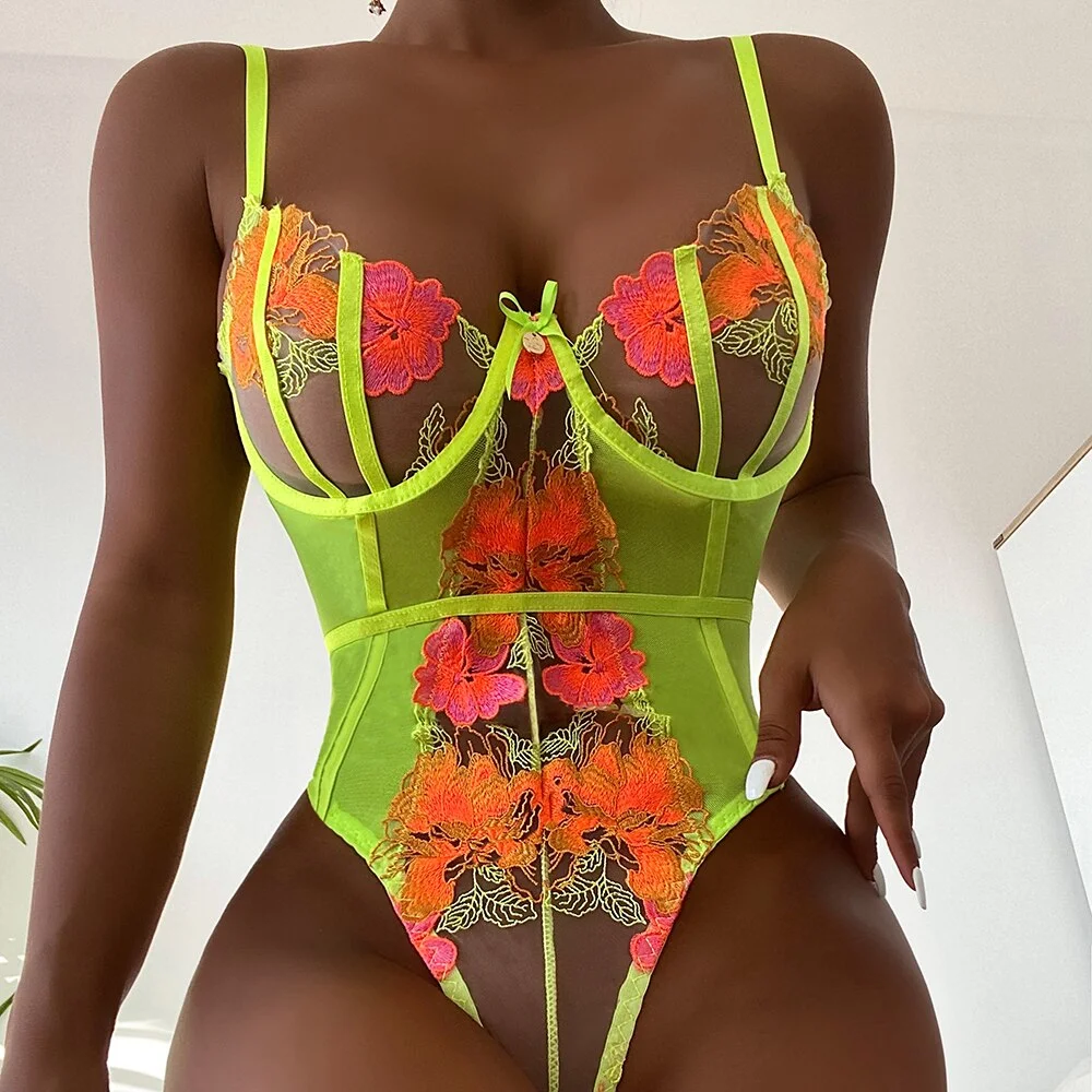 Billionm Lace Exotic Lingerie Women V Neck Floral Embroidery Costume Sexy See Through One-piece Lingerie Bodysuit Flower Sheer Intimate