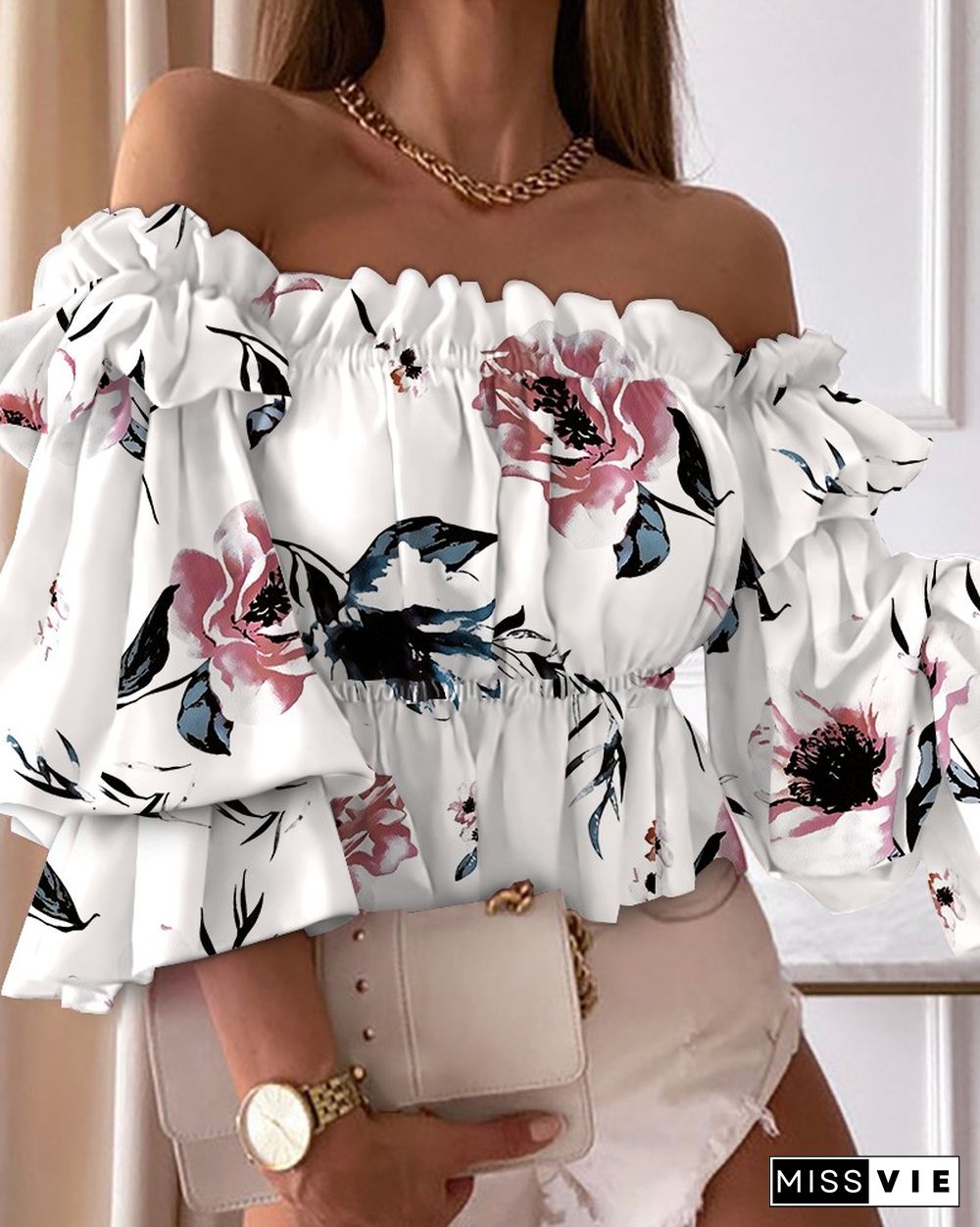 Floral Print Off Shoulder Layered Shirred Top