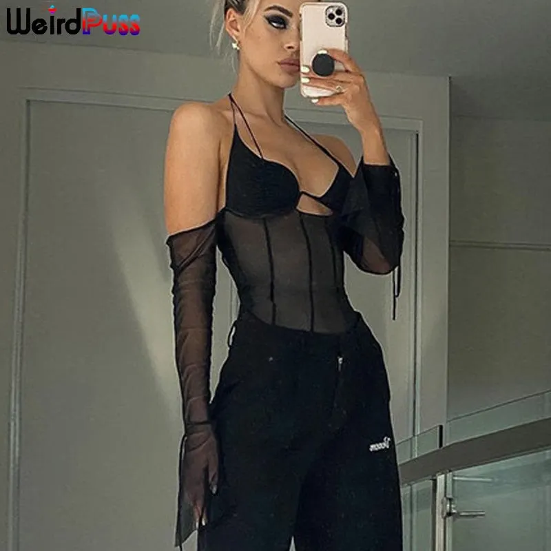 Weird Puss Sexy Mesh Women Long Sleeve T-Shirt Backless Y2K Top Halter Off Shoulder Chic Patchwork Fashion Club Party Streetwear