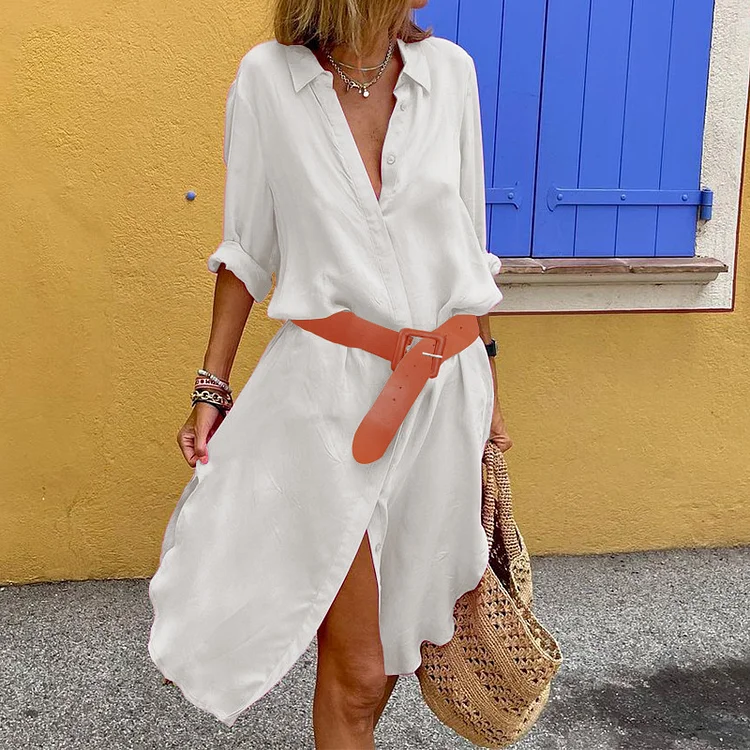 Women's Summer Bohemian Dress Lapel Long Sleeve Shirt Dress