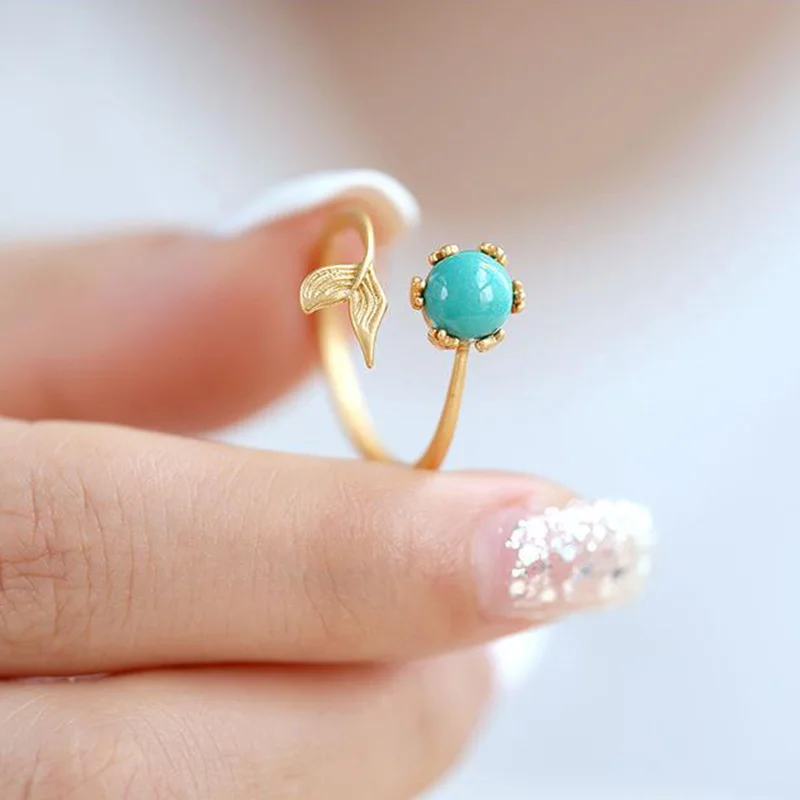  S925 Sterling Silver "Together Forever" Lucky Fish Tail Ring – Vintage Courtly Style with Sleeping Beauty Turquoise Inlay, Adjustable Open Design