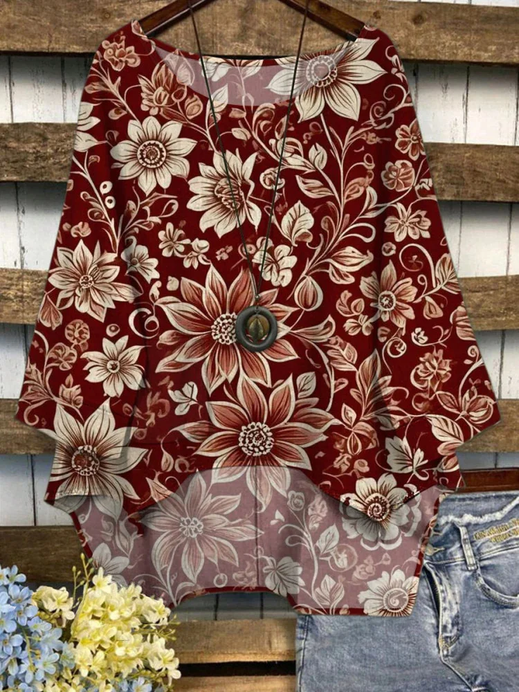 Women's Casual Loose Flora Top Round Neck Seven-quarter Sleeve Pullover Flower Printing Mom's Top