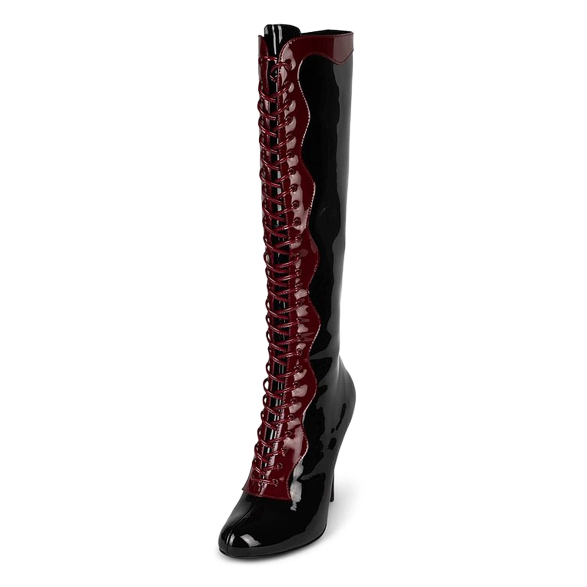 Black and Burgundy Closed-Toe Stiletto Heel Knee High Lace-Up Boots Nicepairs