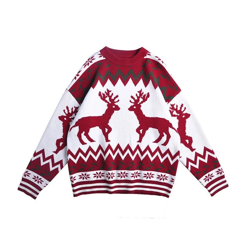 Reindeer Sweaters Women Christmas Sweater Couple Warm Oversize Knitwear Autumn Winter Loose Vintage Sweater Red Pull Femme 2021