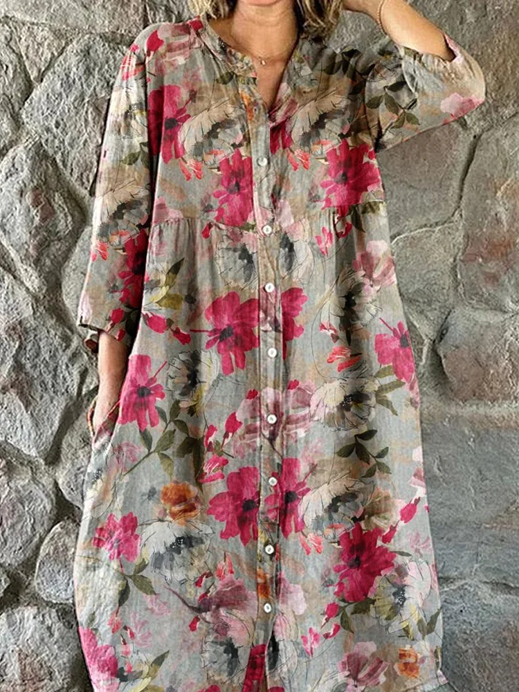 Women's Elegant Vintage Floral Pattern Shirt Style Cotton and Linen Dress