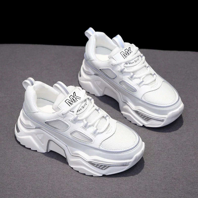 Qengg Women Sneakers White Black Designer Shoes Woman Autumn Winter Chunky Sneakers Fashion Light Dad Shoes Ladies Platform Footwear