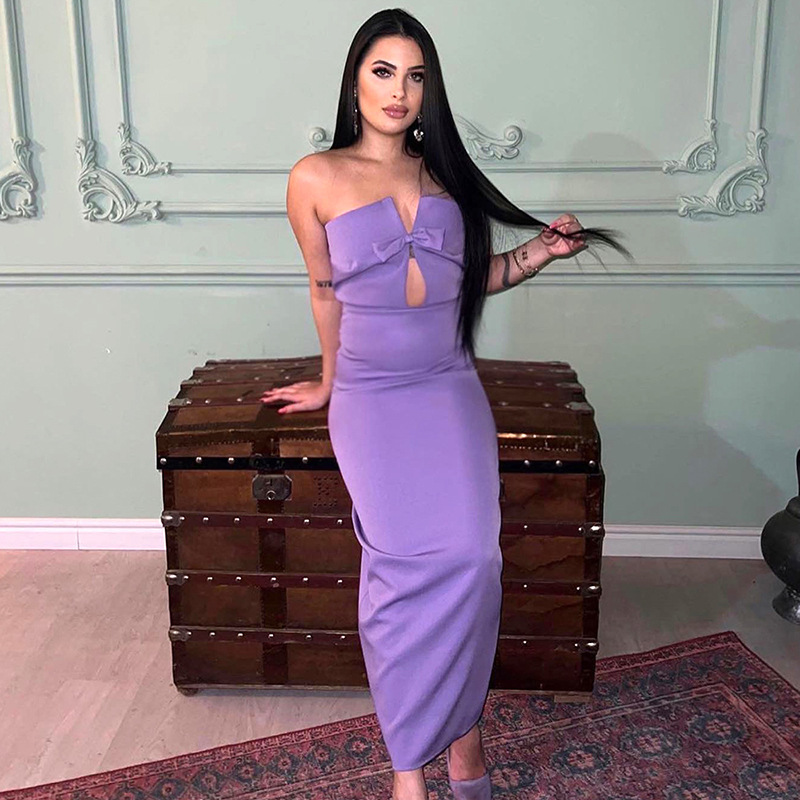 Ootddress Tee Bow Off-Shoulder Slim Long Dress For Women Patchwork Fashion Elegant Hollow Out Backless Clothes Female Party Dress