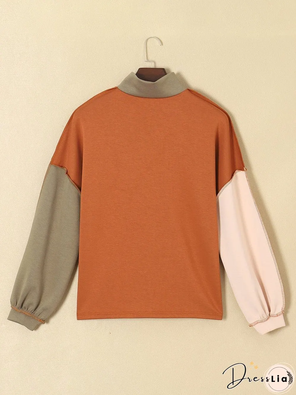 Khaki Zippered V-Neck Color Block Sweatshirt