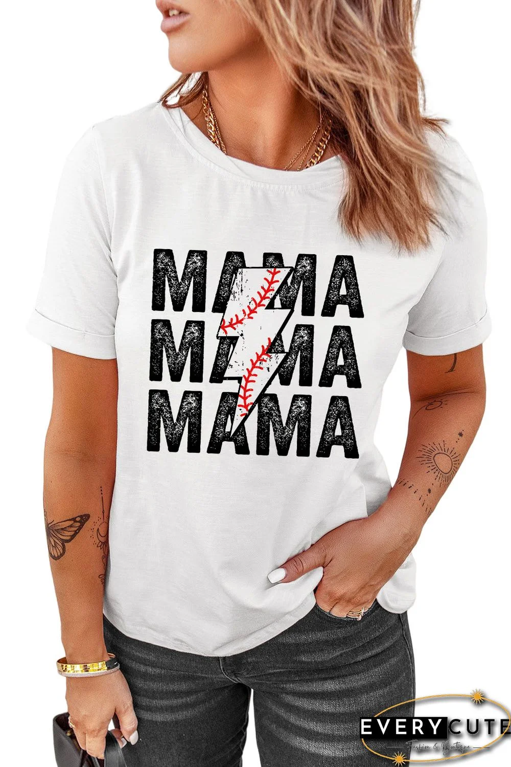 White MAMA & Lightening Graphic Round Neck Tee