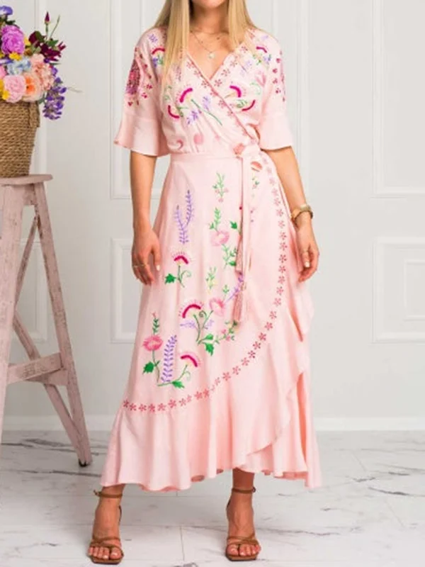 Asymmetric Bandage Floral Printed Loose Short Sleeves V-Neck Maxi Dresses