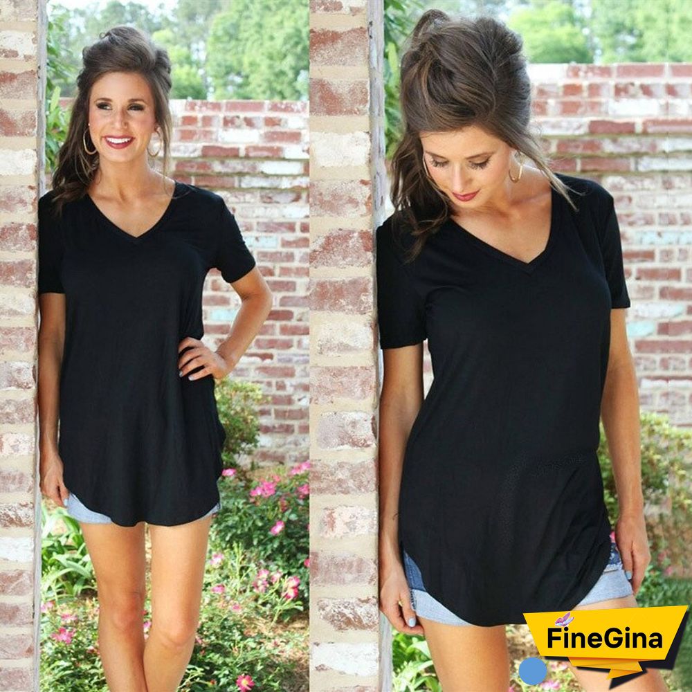 Women's T-shirt Summer Basic Long T Shirt Top Women Solid V Neck Short Sleeve Long Casual Women Loose Tee Shirt Femme