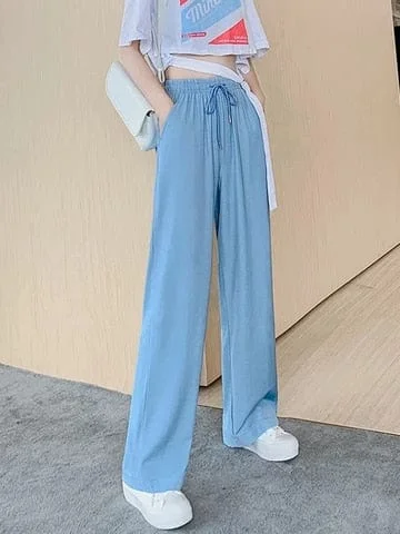 pornhint Pornhint BIVIGAOS Ultra-thin Tencel Jeans Wide Leg Pants Women Summer Korean Drape Casual Pants Ice Silk Breathable Loose Trousers Women
