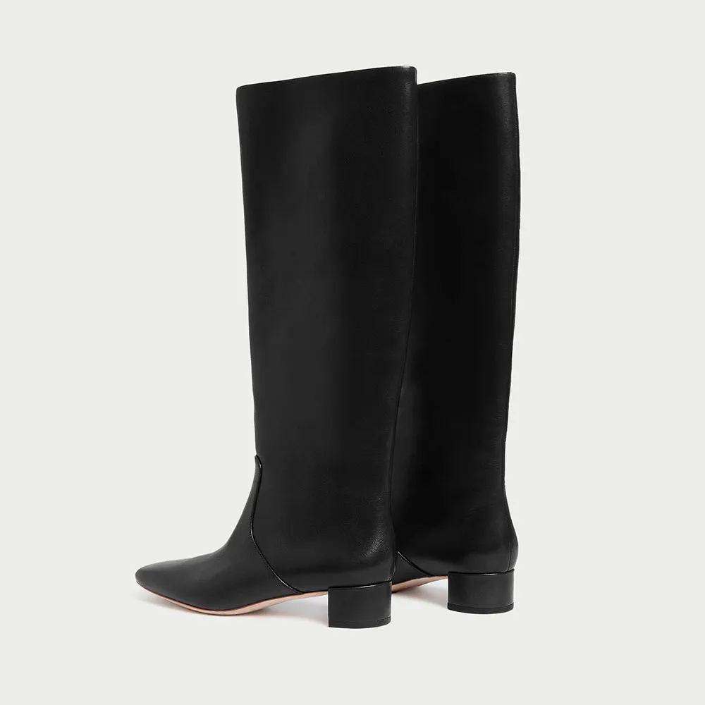 Black Vegan Leather Square Toe Chunky Heel Tall Boots for Women