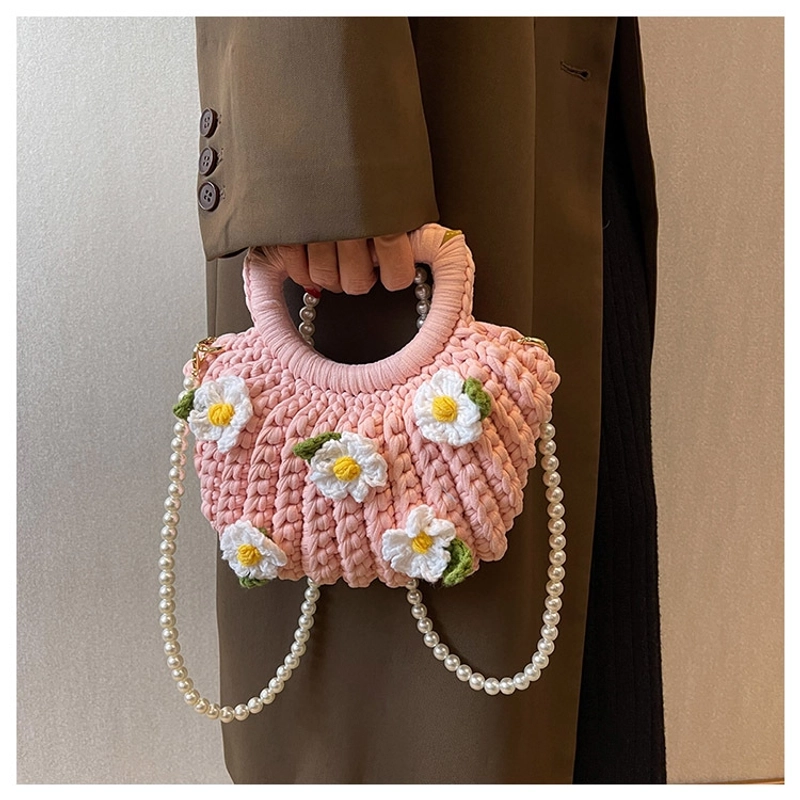 Women’s Medium Fabric Flower Cute Weave Open Crochet Bag