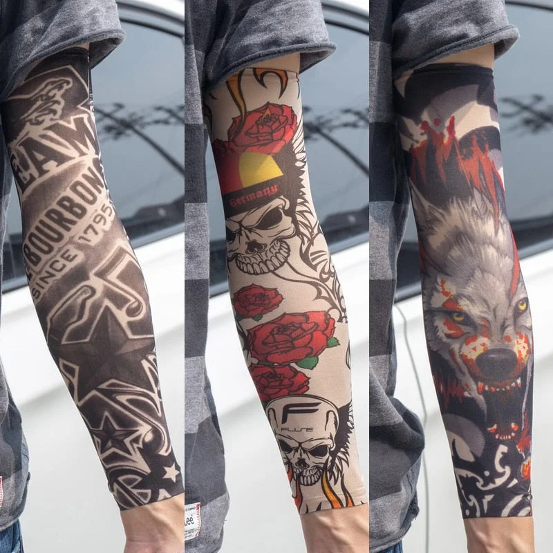 3PCS/lot new mixed 100%Nylon elastic Fake temporary tattoo sleeve skull wolf totem dragon designs body Arm stockings cool men
