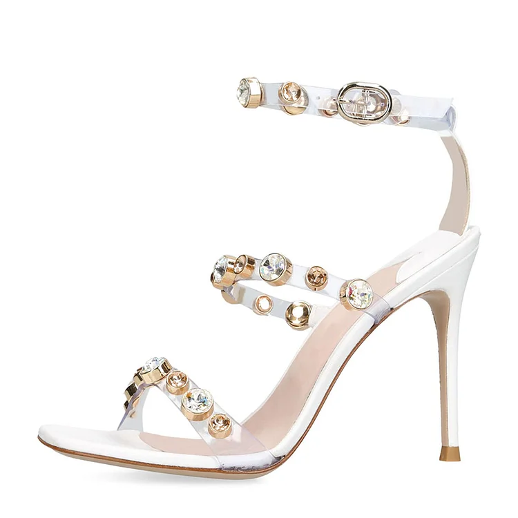 White Square Toe Stiletto Heel Rhinestone Strappy Women's Sandals |FSJ Shoes
