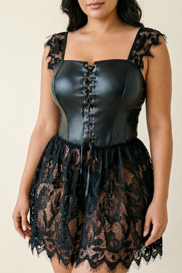 Lovingerie - Gothic Lace Mini Dress with Square Neck Leather Lace Up Corset Dress