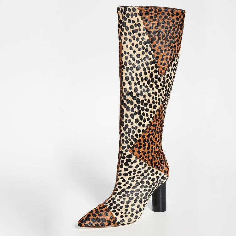 Khaki and Brown Horsehair Leopard Print Boots Knee High Boots |FSJ Shoes