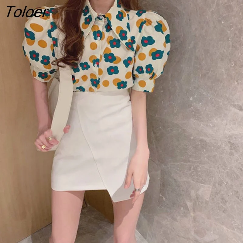 Toloer Women Short Sleeve Summer Casual Stylish All-match Tops Button Up Print New Korean Style Elegant Daily Tender Female Top