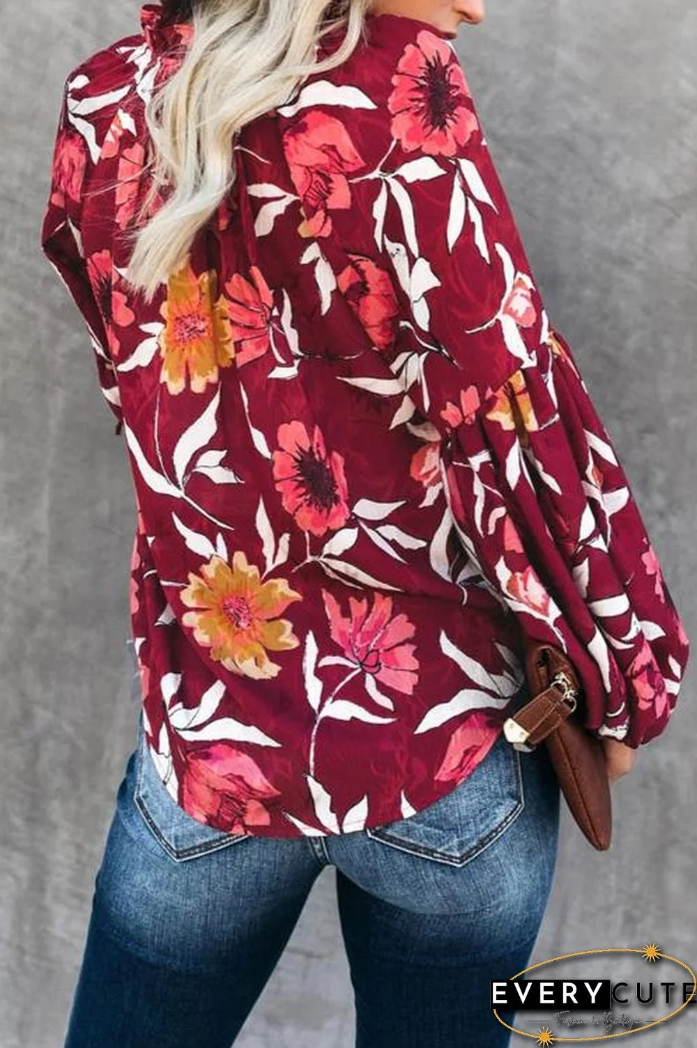 Red Hues Of Autumn Floral Lantern Sleeve Blouse