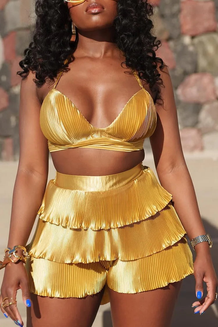 Plus Size Beach Gold V Neck Pleated Ruffle Swimsuit Fabric Two Pieces Swimsuit [Pre-Order] 2024 - Xpluswear