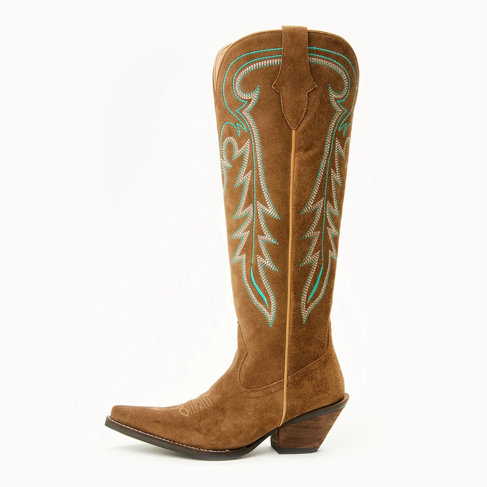 Vegan Suede Chunky Heel Embroidered Cowboy Boots for Women in Tan