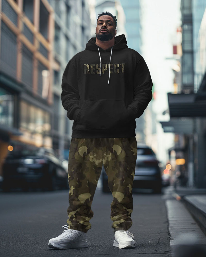 Men's Street Fashion Camouflage Alphabet Print Big and Tall Hoodie Set