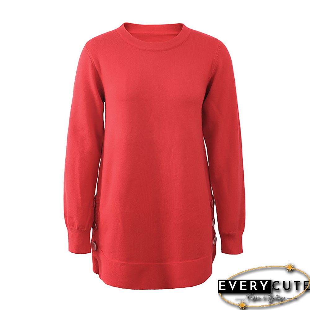 Red Button Side Split Knit Sweater