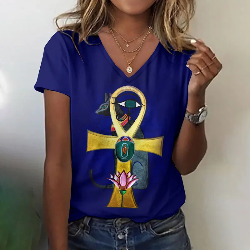 Women's Buster Egyptian Cat And Ankh Art Pattern V-neck T-shirt
