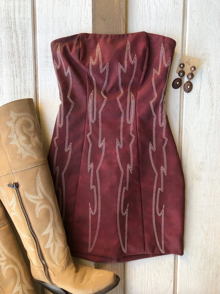 Vintage Western Boot Stitch Print Dress- -Burgundy