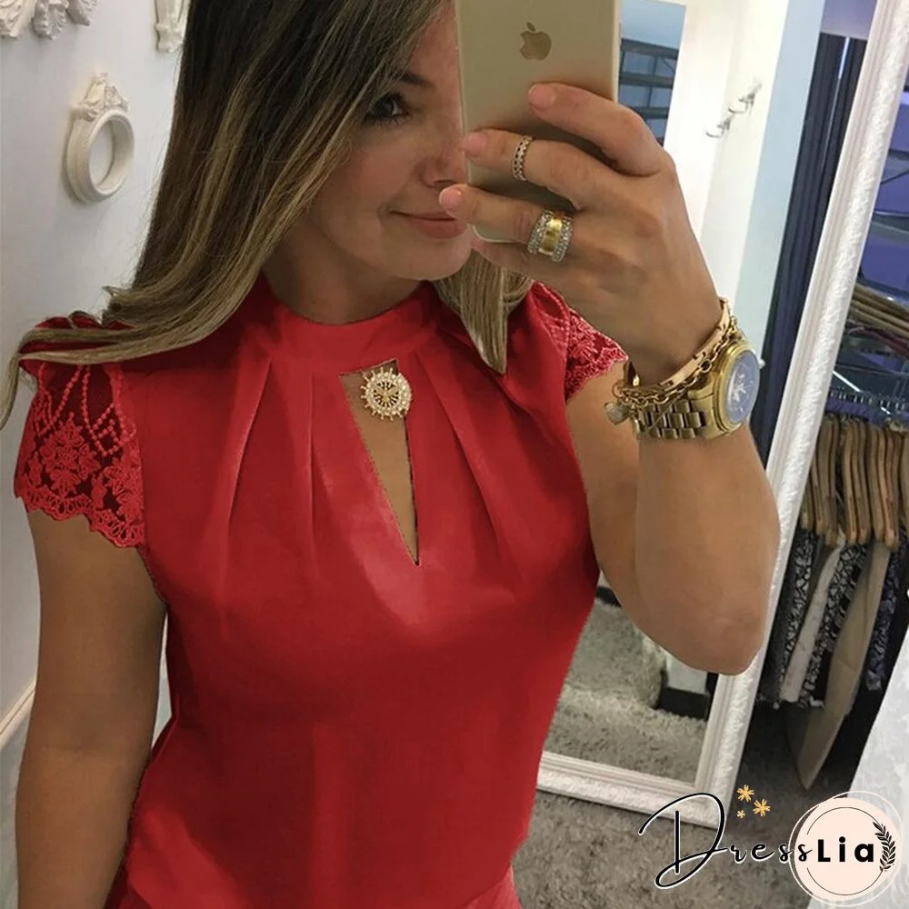 Lace Stitching Top Sexy Shirt Summer Women's Chiffon Top Stand-up Collar Lace Short-sleeved Elegant Ladies Shirt