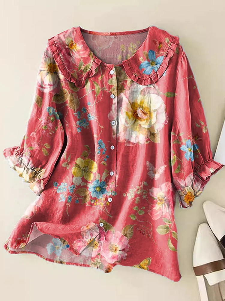 Women's Lovely Floral Art Print Casual Peter Pan Collar Cotton Shirt