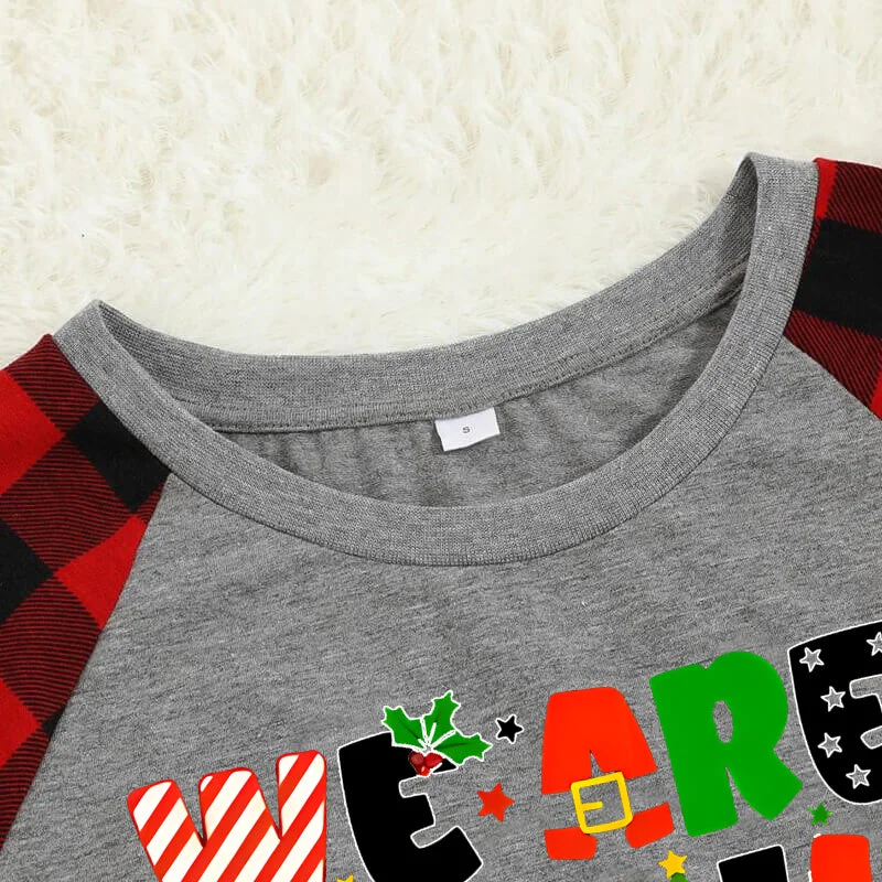 Christmas "We are Family" Colorful Multi-Element Letter Prints Black & Red Plaid Family Matching Grey Pajamas With Dog bandana