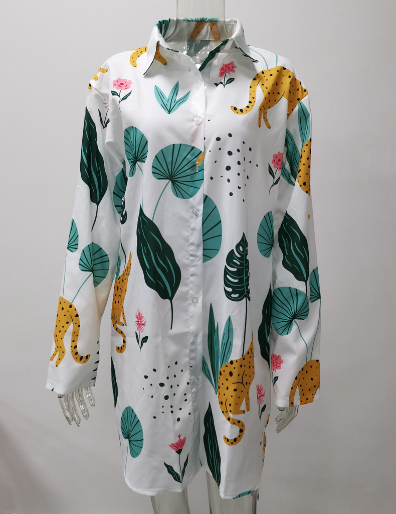 Color Flowers Printed Shirts Dresses Women Fashion Temperament Commuting Loose Midi Shirts Dress Lady Vestidos Spring Summer New