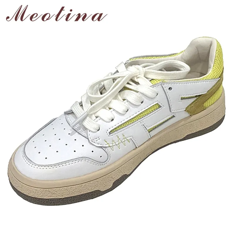 Meotina Sneakers Genuine Leather Shoes Woman Flat Lace up Shoes Round Toe Ladies Footwear 2021 Autumn Flats Casual Shoes Yellow
