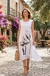 Front view of artistic floral placement print linen dress for mature women