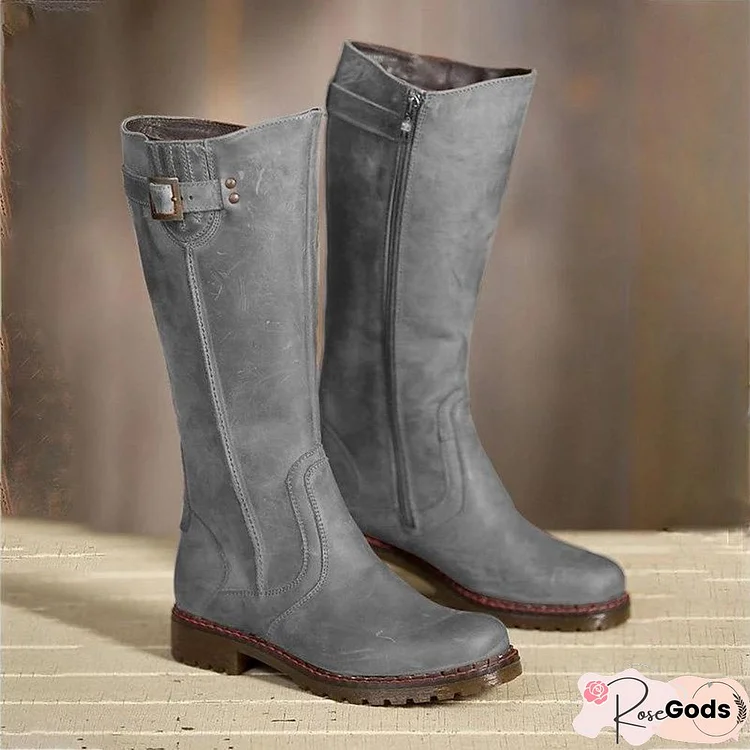 Women Round Toe Zipper Low Heel Pu Casual Boots