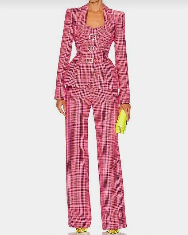 Elegant plaid jacket and trousers two-piece set