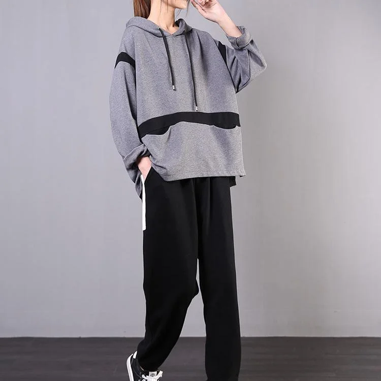 Art patchwork hooded cotton Shirts Shape gray blouses