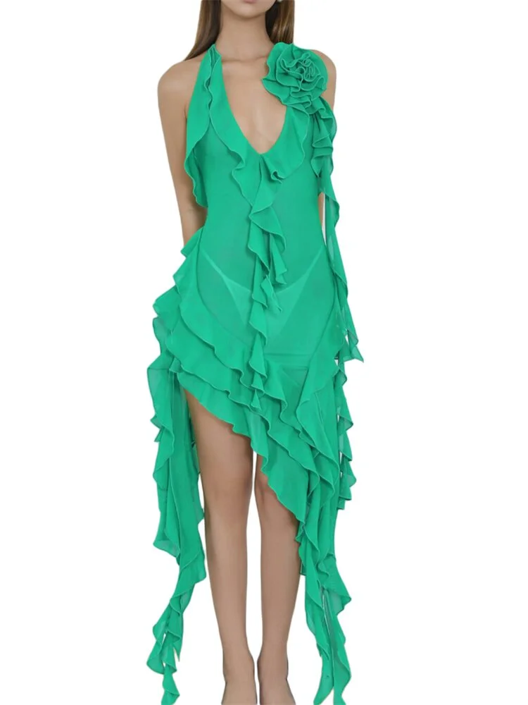 Ruffles Fairy Dresses Halter 3D Flower Dress Asymmetrical Mesh See Through Beach Party Club Outfits Vestidos