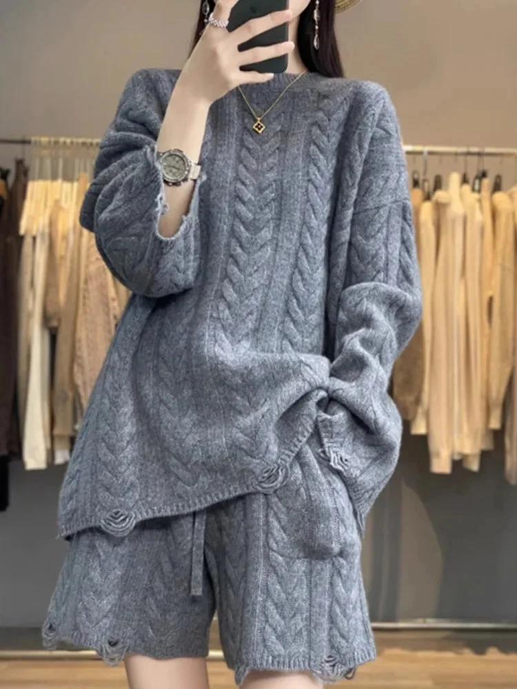 Huiketi Knitting Suit Women Autumn And Winter 2024 Loose Twist Sweater And Shorts Fashion Women's Two-piece Sets