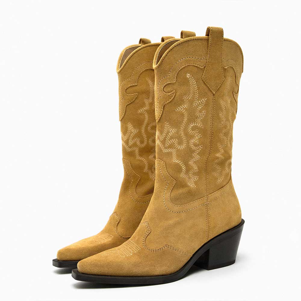 Light Brown Faux Suede Closed Toe Chunky Heel Mid-Calf Cowgirl Boots Nicepairs