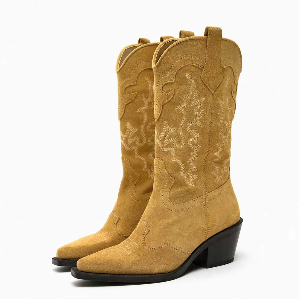 Light Brown Faux Suede Wide Calf Mid-Calf Cowgirl Embroidered Boots With Chunky Heels Nicepairs