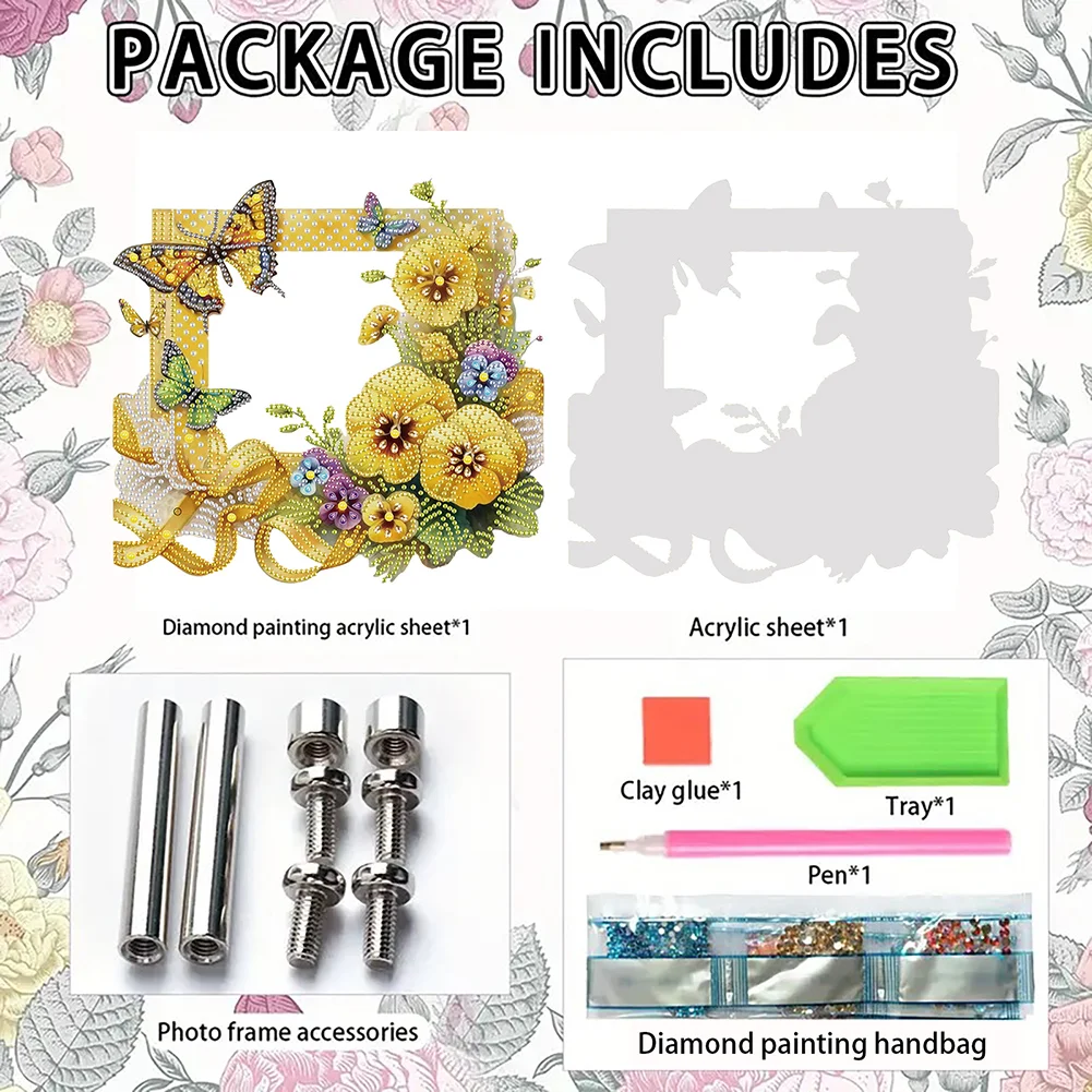 5D DIY Yellow Flower Butterfly Acrylic Special Shape Diamond Painting Picture Frame