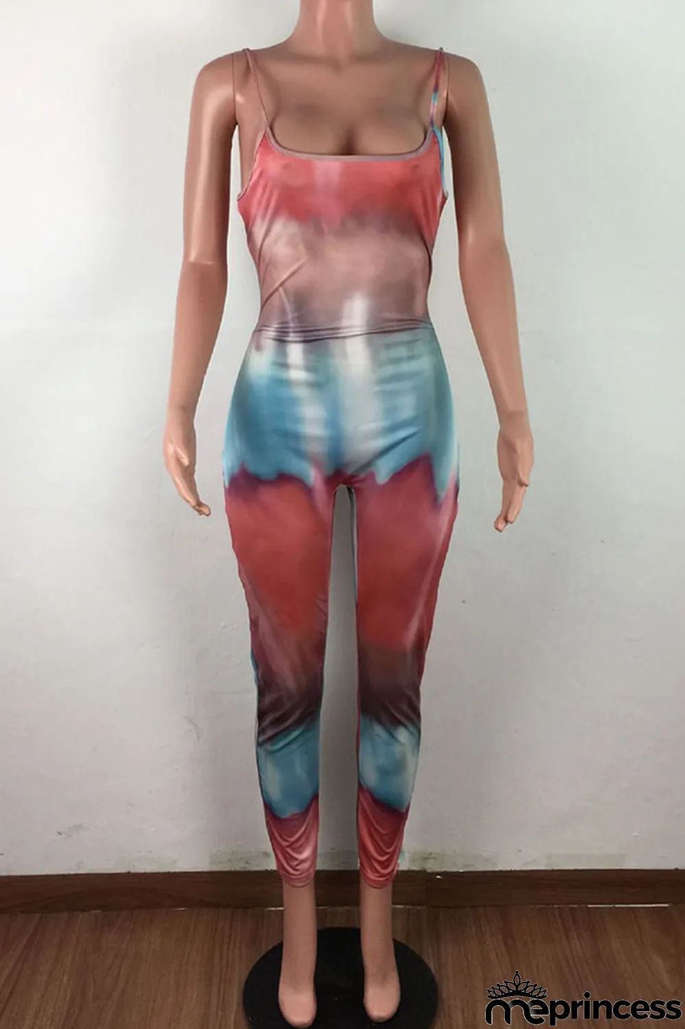 Blue Fashion Sexy Tie-dyed Sleeveless Slip Jumpsuits