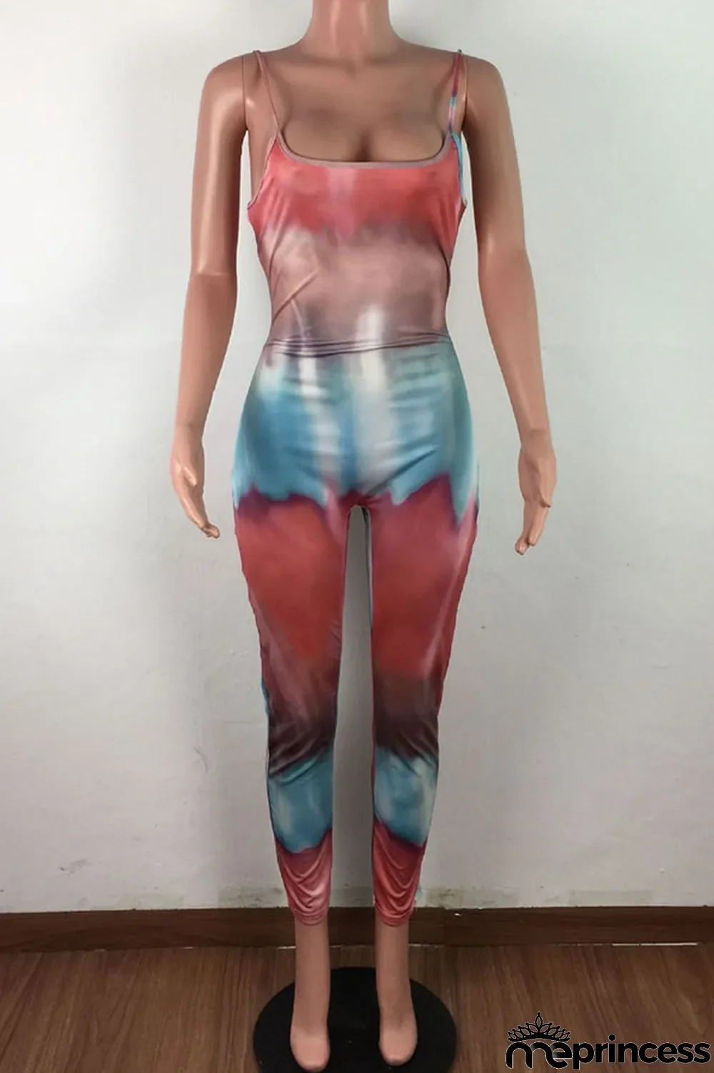 Blue Fashion Sexy Tie-dyed Sleeveless Slip Jumpsuits