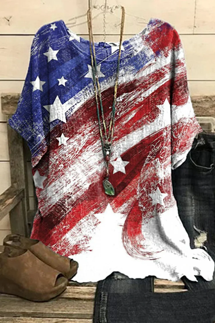 Flycurvy Plus Size Casual Red Cotton And Linen Stars And Stripes Print Blouse  Flycurvy [product_label]