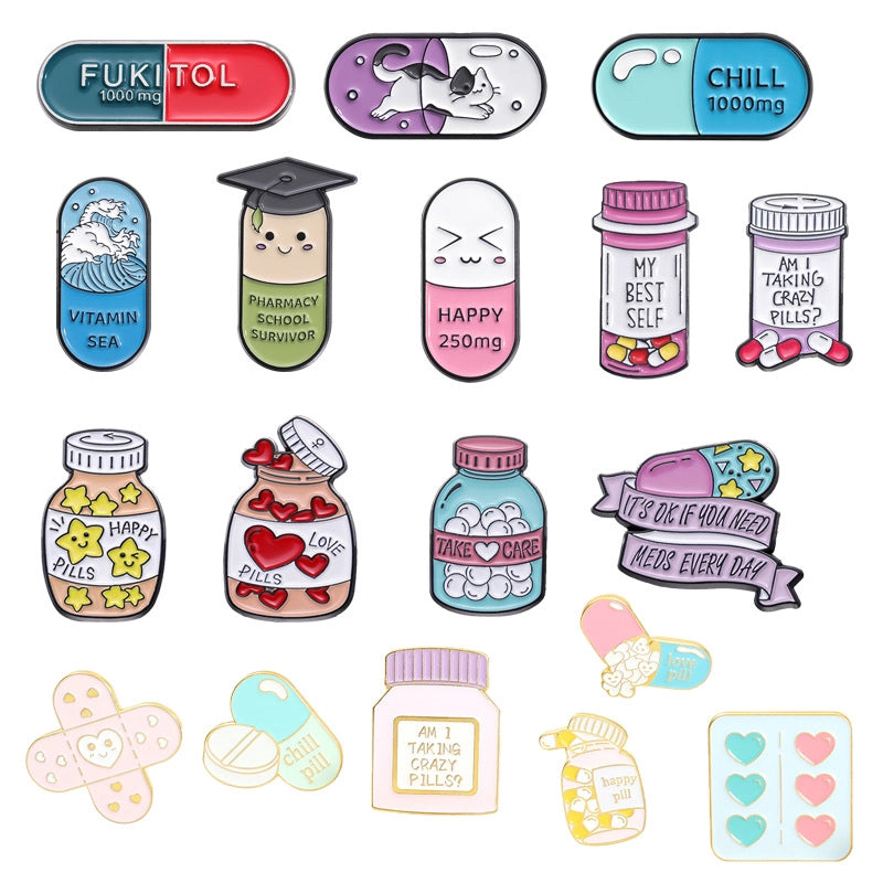 Cartoon Style Pin Capsule Medicine Bottle Alloy Stoving Varnish Unisex Brooches