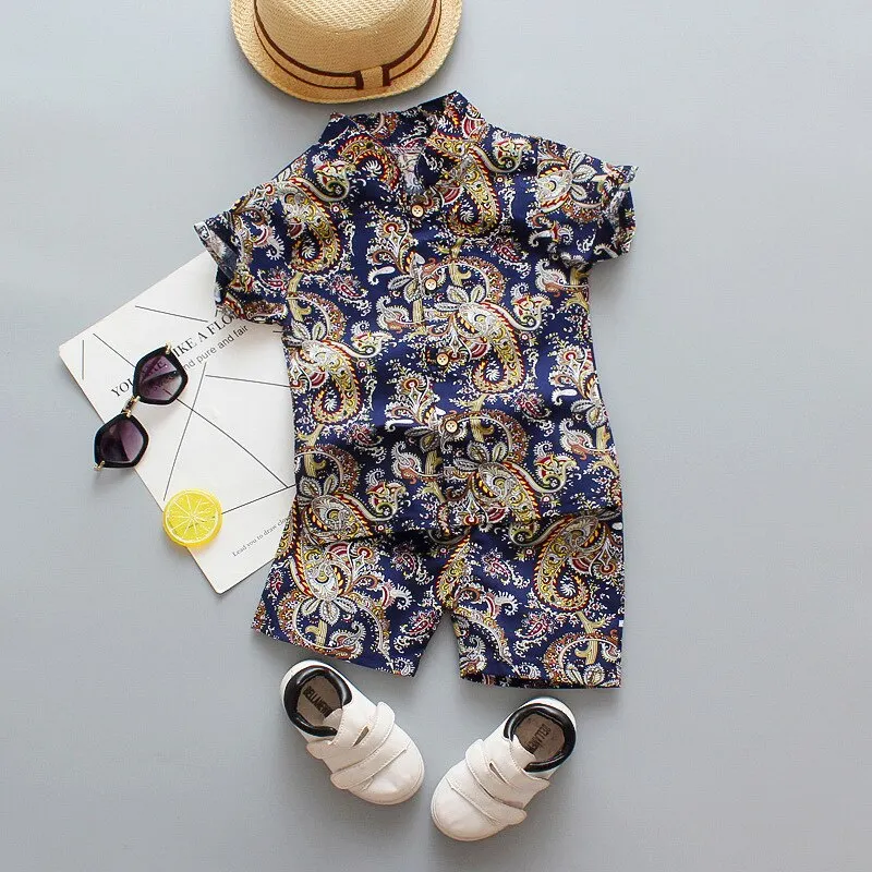 Boys/Girls Short-sleeved Shirt+Shorts Set 2021 Summer New Fashionable and Handsome 1-2-3-4-5 Years Old Kids Beach Vacation Suit