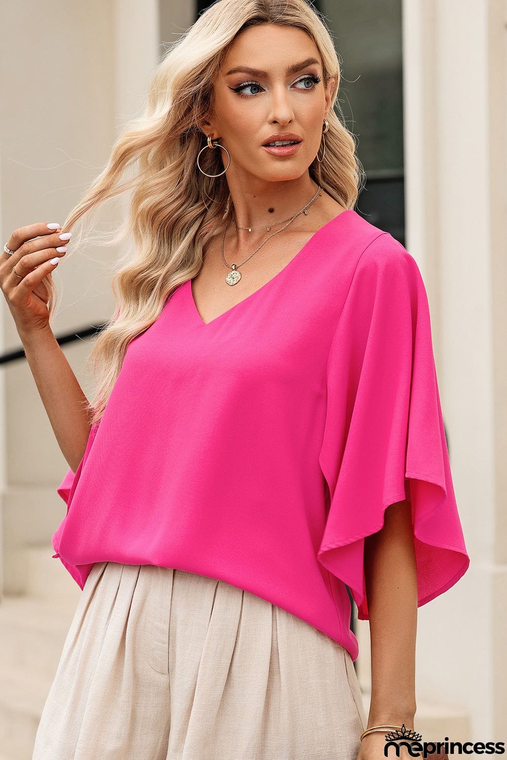 V-Neck Cloak Sleeve Blouse